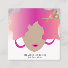 女性ピンクヘアフェイク金ゴールドグリッターサロン美しい スクエア名刺