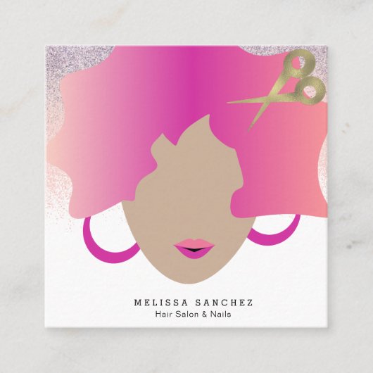女性ピンクヘアフェイク金ゴールドグリッターサロン美しい スクエア名刺 (正面)