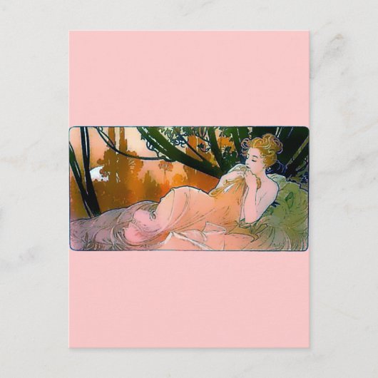女性ピンクミュシャアールヌーボー ポストカード (正面)