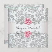 女性ピンクローズダマスク40th誕生日パーティー 招待状 (正面/裏面)