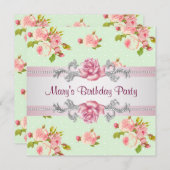 女性ピンクローズバースデーパーティー 招待状 (正面/裏面)