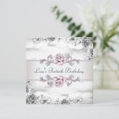 女性ピンクローズ白黒40歳の誕生日パーティー 招待状 (スタンド正面)