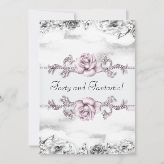 女性ピンクローズ白黒40歳の誕生日パーティー 招待状 (正面)