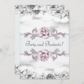 女性ピンクローズ白黒40歳の誕生日パーティー 招待状 (正面/裏面)