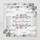 女性ピンクローズ白黒50thバースデーパーティー 招待状 (正面/裏面)