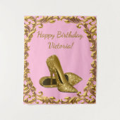 女性ピンク金ゴールドハイヒール誕生日M背景 タペストリー (正面)