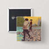 女性フライフィッシングIdahoVintage旅行ポスター 缶バッジ (正面&裏面)