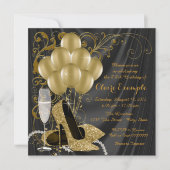 女性ブラックおよび金ゴールドバースデーパーティ招待状 招待状 (正面)