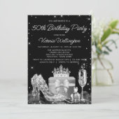 女性ブラックシルバーシューズ任意の数の誕生日パーティー 招待状 (スタンド正面)