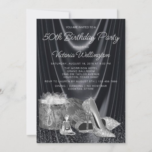 女性ブラックシルバーシューズ任意の数誕生日 招待状 (正面)