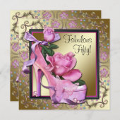 女性ブラックピンク金ゴールド50th誕生日パーティー 招待状 (正面/裏面)