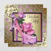 女性ブラックピンク金ゴールド50th誕生日パーティー 招待状 (正面/裏面)