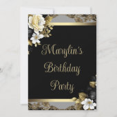 女性ブラック金ゴールドエレガントフローラ誕生日パーティー 招待状 (正面)