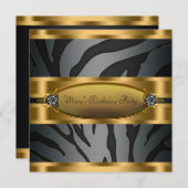 女性ブラック金ゴールドゼブラバースデーパーティー 招待状 (正面/裏面)