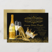 女性ブラック金ゴールドハイヒールプリンセス誕生日 招待状 (正面/裏面)