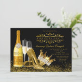 女性ブラック金ゴールドハイヒールプリンセス誕生日 招待状 (スタンド正面)