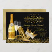 女性ブラック金ゴールドハイヒールプリンセス誕生日 招待状 (正面/裏面)