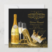 女性ブラック金ゴールドハイヒールプリンセス誕生日 招待状 (正面)