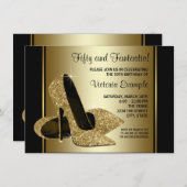 女性ブラック金ゴールドハイヒール誕生日パーティー 招待状 (正面/裏面)