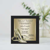 女性ブラック金ゴールドハイヒール誕生日 招待状 (スタンド正面)