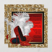 女性ブラック&レッドハイヒールバースデーパーティー 招待状 (正面/裏面)