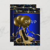 女性ブルーと金ゴールドハイヒールRSVP 出欠カード (正面/裏面)