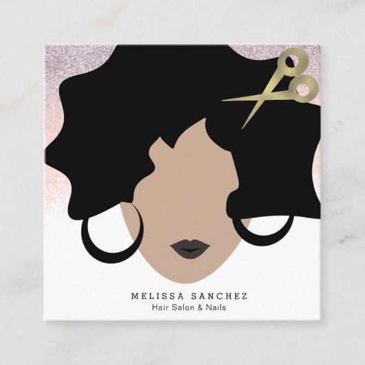 女性ヘアフェイク金ゴールドグリッターサロン美しい スクエア名刺 (正面)