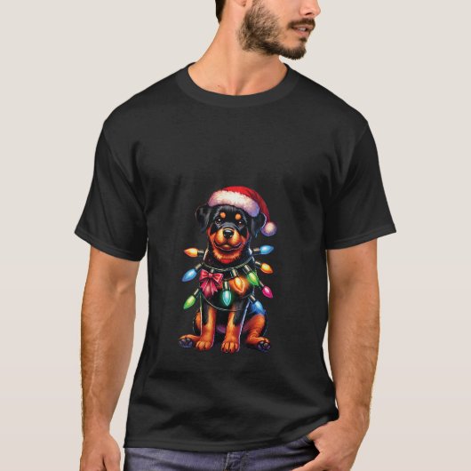 女性ペット愛好家ロットワイラーサンタ帽子 Tシャツ (正面)