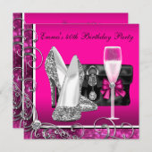 女性ホットピンクバースデーパーティー 招待状 (正面/裏面)