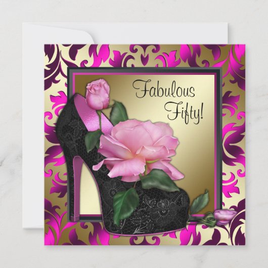 女性ホットピンク50th誕生日パーティー 招待状 (正面)