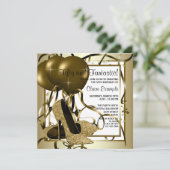 女性ホワイト金ゴールドハイヒールシューバースデーパーティー 招待状 (スタンド正面)