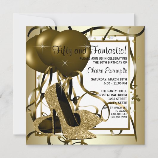 女性ホワイト金ゴールドハイヒールシューバースデーパーティー 招待状 (正面)