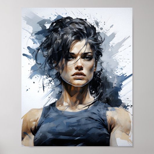 女性ボディビルダーの美しいスケッチポートレート ポスター (正面)