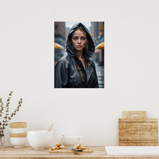 女性ポートレートのレインコートを着て通り ポスター (キッチン)