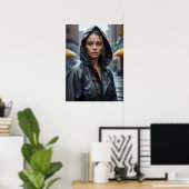 女性ポートレートのレインコートを着て通り ポスター (ホームオフィス)