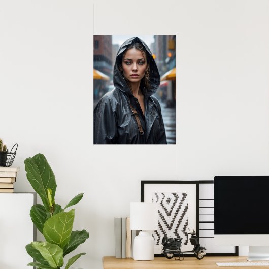 女性ポートレートのレインコートを着て通り ポスター (ホームオフィス)