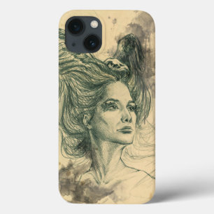 女性ポートレート鳥スカルとウイングスールアルアート iPhone 13ケース