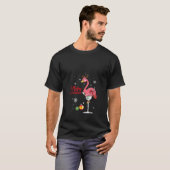 女性メリークリスマスピンクのフラミンゴワイン飲み Tシャツ (正面フル)