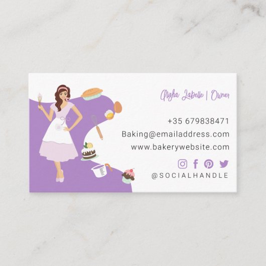 女性モダン甘かわいらしベーカリーサービスパープル 名刺 (正面)