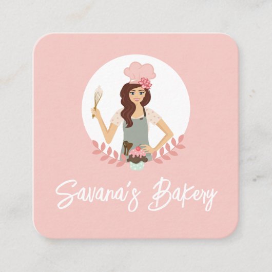 女性モダン甘かわいらしベーカリーサービスピンク スクエア名刺 (正面)