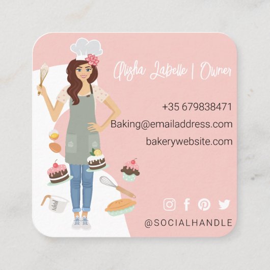 女性モダン甘かわいらしベーカリーサービスピンク スクエア名刺 (裏面)
