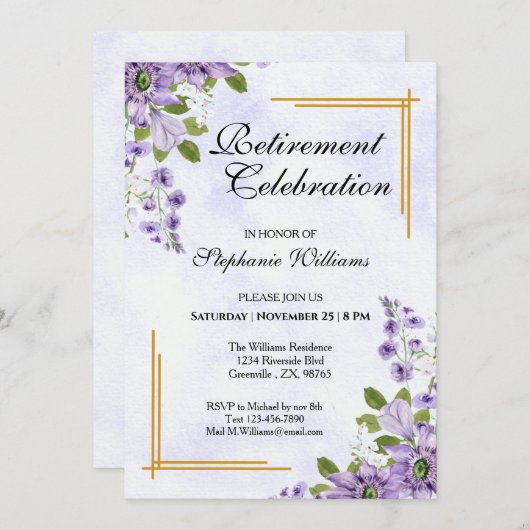 女性リタイアメントパーティークラシックフローラエレガント 招待状 (正面/裏面)