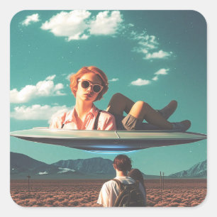 女性リラックスは砂漠でUFOに乗っている スクエアシール