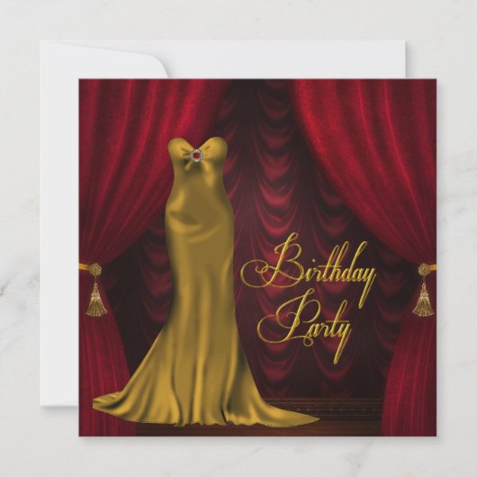 女性ルビーレッド金ゴールドアールデコ誕生日パーティー 招待状 (正面)