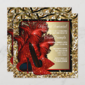 女性レッドと金ゴールドハイヒール誕生日パーティー 招待状 (正面/裏面)