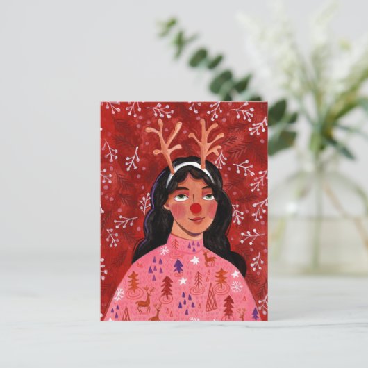 女性レッドクリスマスフェスティバルトナカイ シーズンポストカード (スタンド正面)