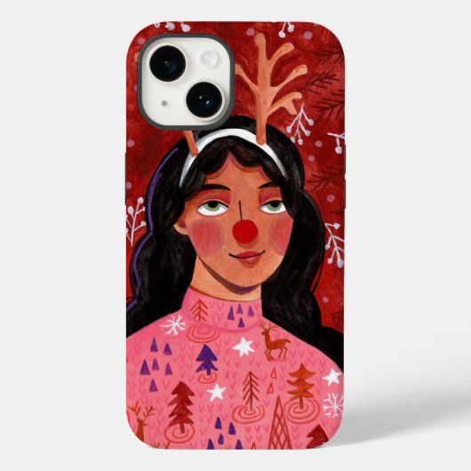 女性レッドクリスマスフェスティバルトナカイ Case-Mate iPhoneケース (裏面)