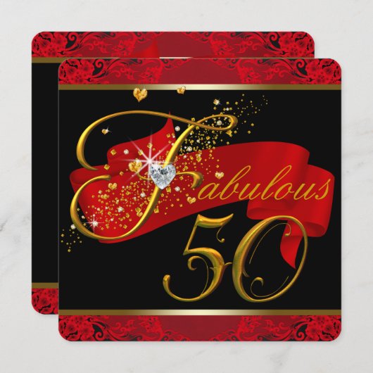 女性レッドファブラス50th誕生日パーティー 招待状 (正面/裏面)