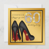女性レッドブラック金ゴールドサプライズ60th誕生日パーティー 招待状 (正面)