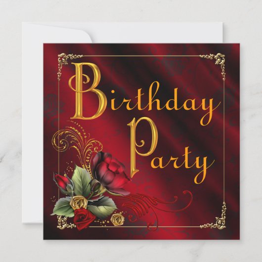 女性レッドローズバースデーパーティー 招待状 (正面)